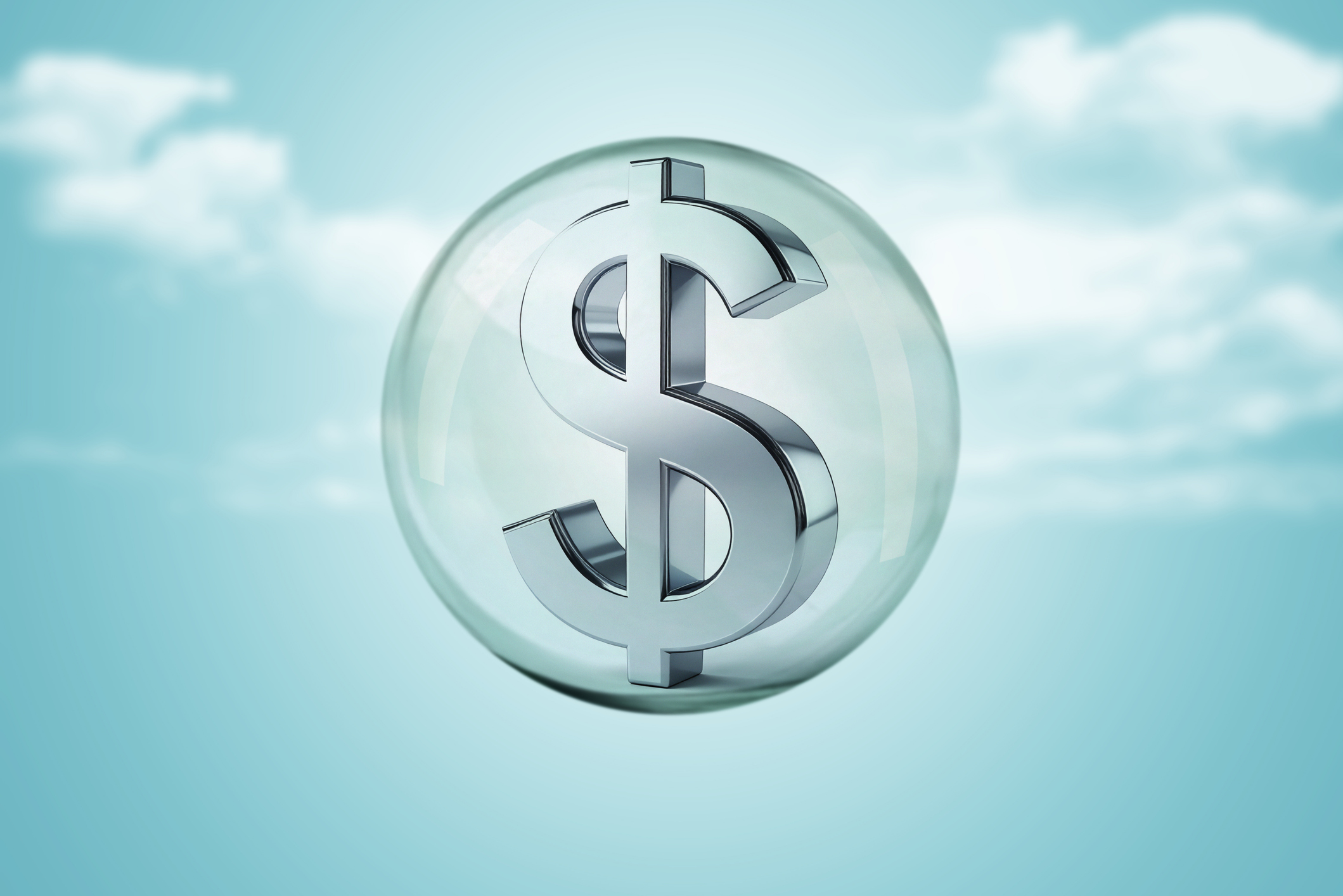 3D render of Silver dollar symbol inside glass bubble.Concept of volatility