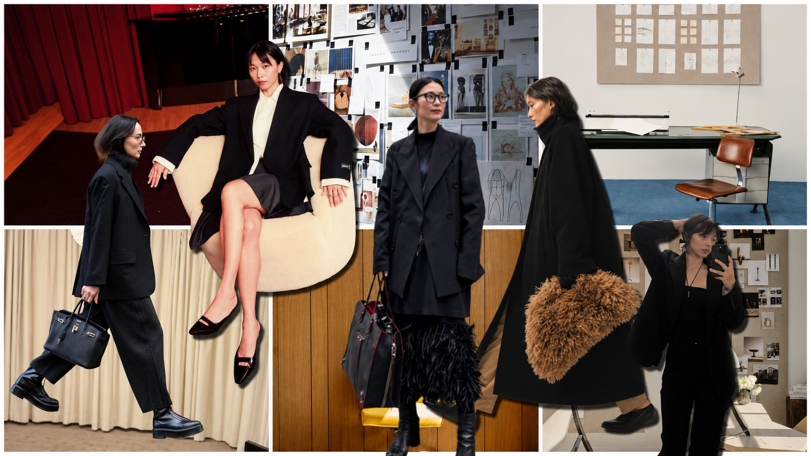 Collage of women wearing black formal outfits