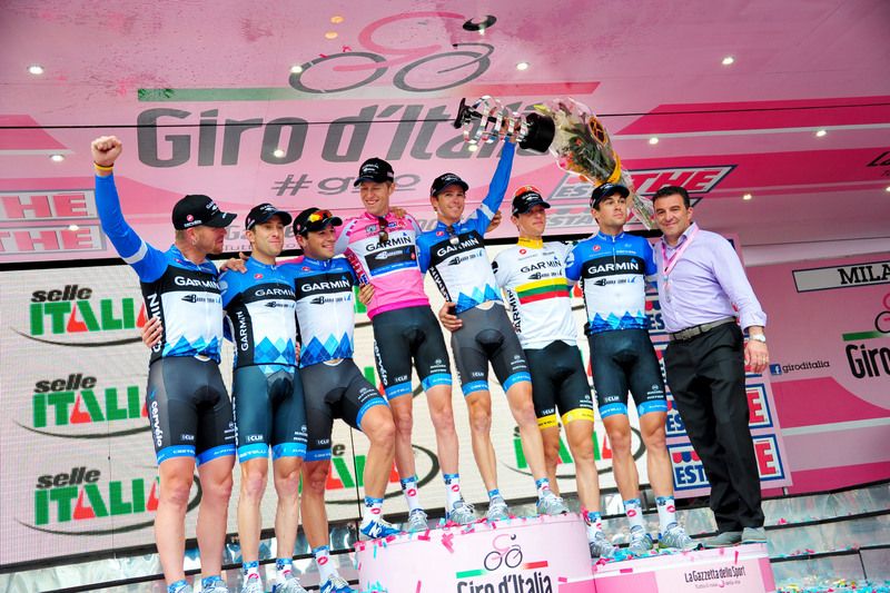 The Garmin team on the podium after the final time trial
