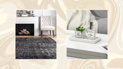 Two pictures of quiet luxury interiors on a white marble background