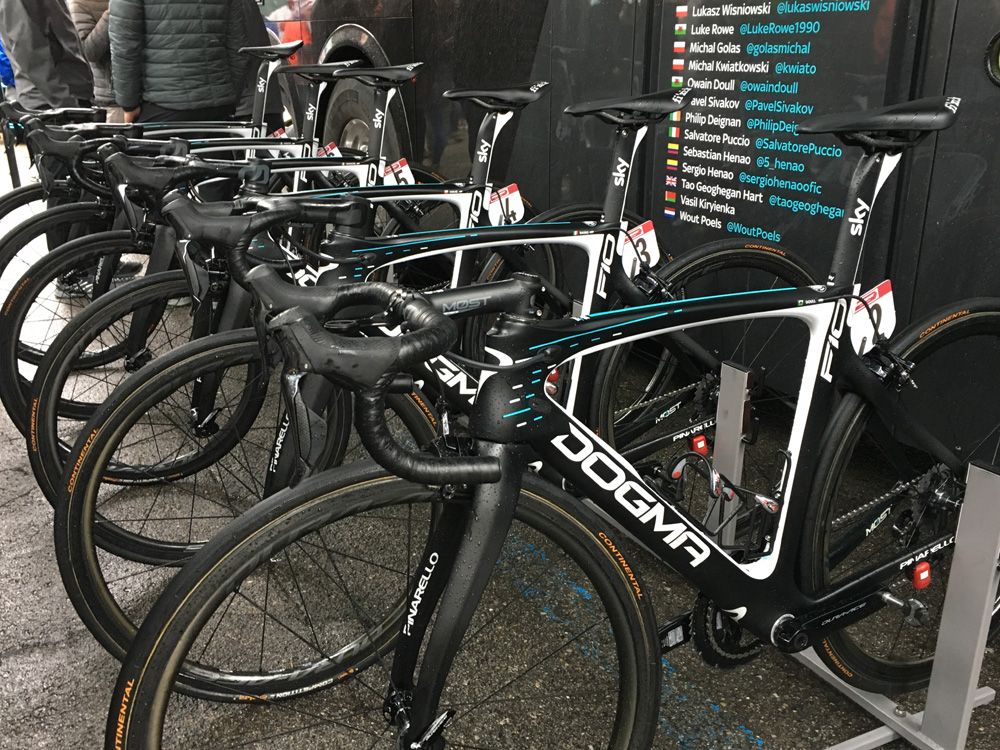 The Team Sky Pinarello bikes were lined up in number order