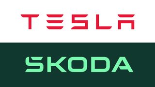 The Tesla logo and the new Skoda logo