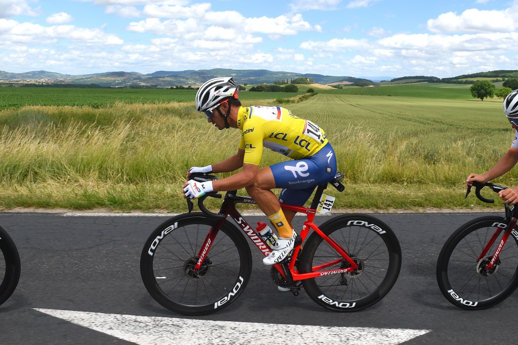 CHASTREIXSANCY FRANCE JUNE 07 Alexis Vuillermoz of France and Team Total Energies Yellow Leader Jersey competes during the 74th Criterium du Dauphine 2022 Stage 3 a 169km stage from SaintPaulien to ChastreixSancy 1391m WorldTour Dauphin on June 07 2022 in ChastreixSancy France Photo by Dario BelingheriGetty Images