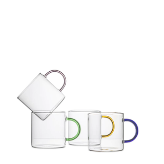 4 clear mugs with colored handles