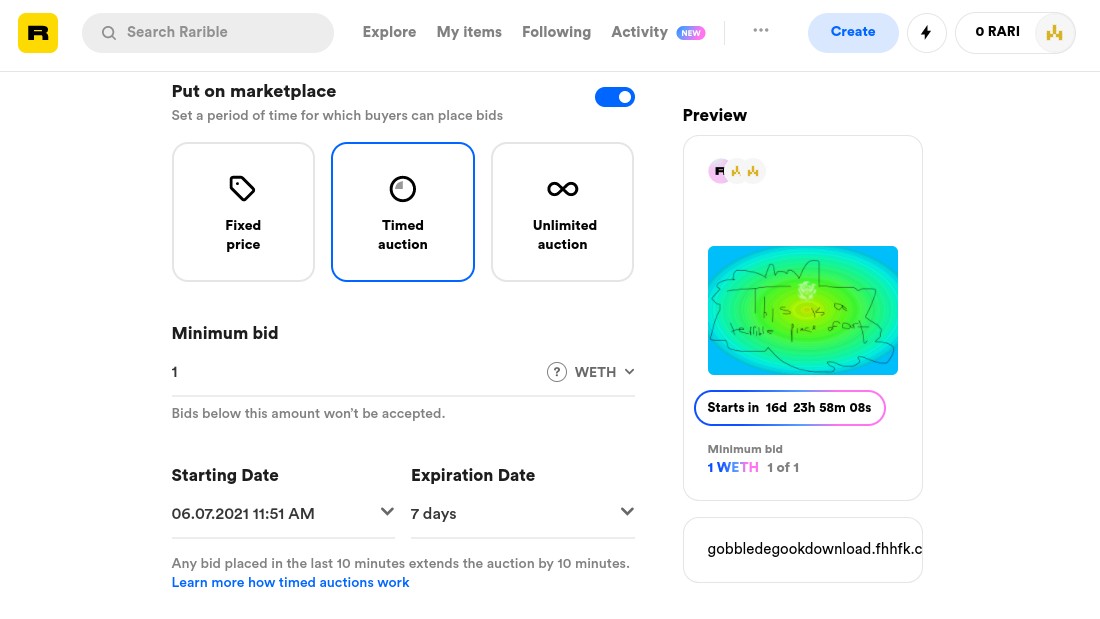 How to make and sell an NFT: screengrab from Rarible