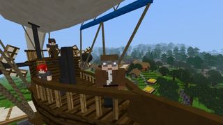 Minetest - characters man the bridge of an airship as it flies over a forest