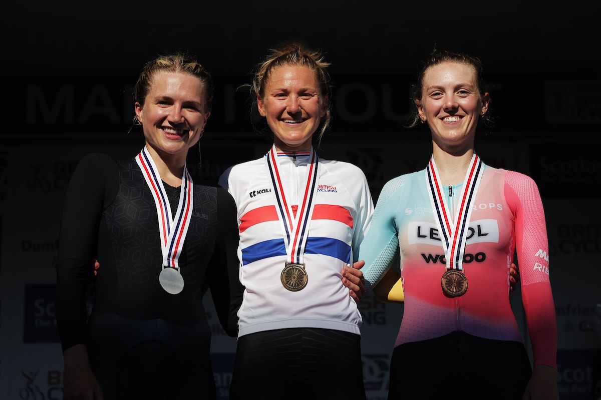 Joscelin Lowden (Uno-X Pro Cycling) on the podium as women's winner of British time trial national championships