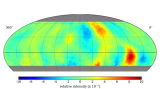 Mapping the sky with only one-third of its detectors, HAWC has already captured three regions of excessive energy, shown in red.