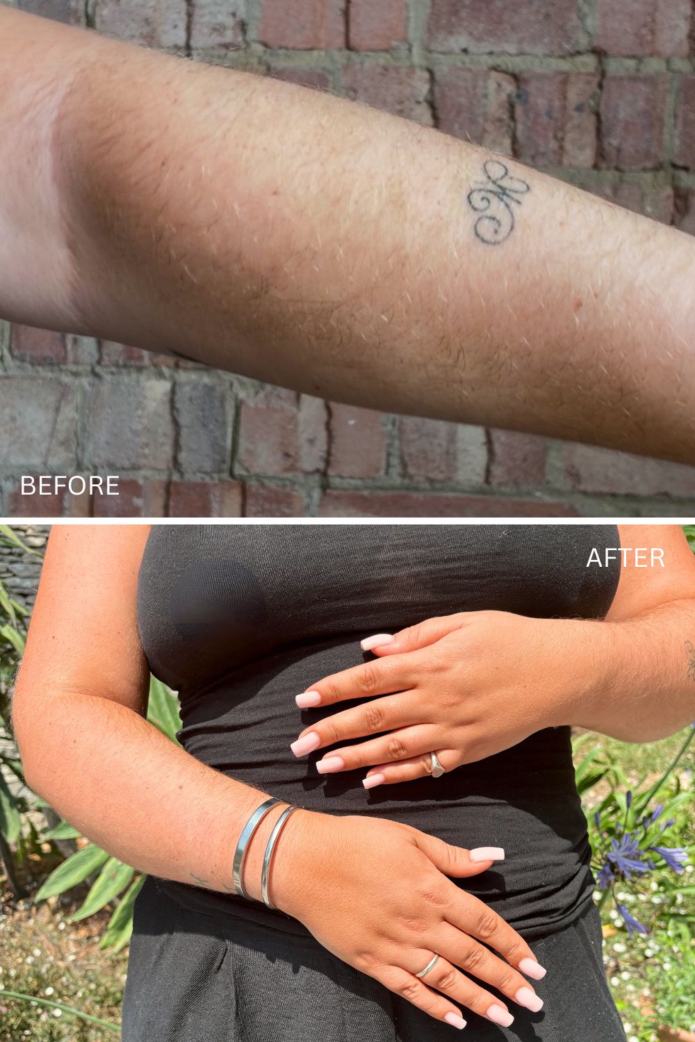 Amelia before and after using Bali Body tan gel