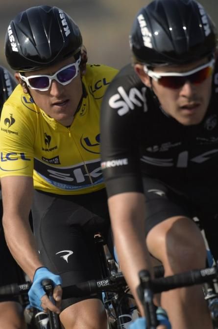 Race leader Geraint Thomas (Sky) sits in