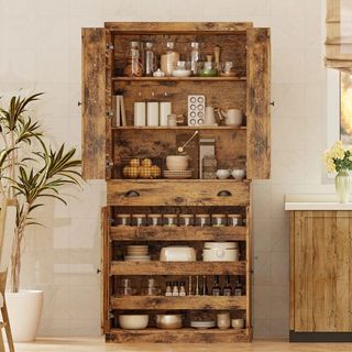 Rustic wood kitchen pantry cabinet with sliding storage rack And 6 hanging shelves