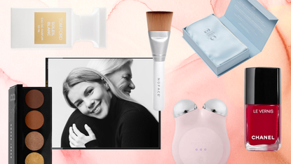 product collage of tom ford perfume, nuface, slip pillowcase, bobbi brown eyeshadow with black and white photo of mother and daughter embracing. overlaid on peach marble breakground