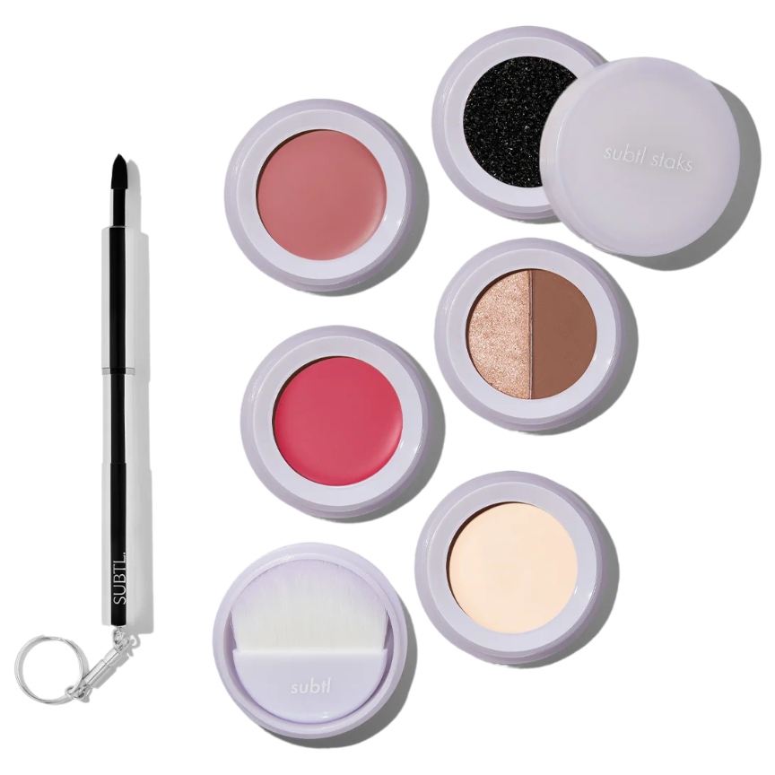 6-In-1 Stackable Travel Makeup Kit by Subtl Beauty | New Lip Glaze, Eyeshadow, Highlighter, Lip + Cheek, Blush, Shine Control | Includes Mirror & Brush | Compact Makeup for on the Go