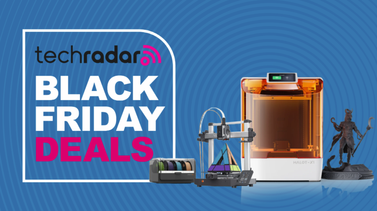 An Anycubic and Creality 3D printer on a blue background next to a TechRadar badge reading &#039;Black Friday deals&#039;