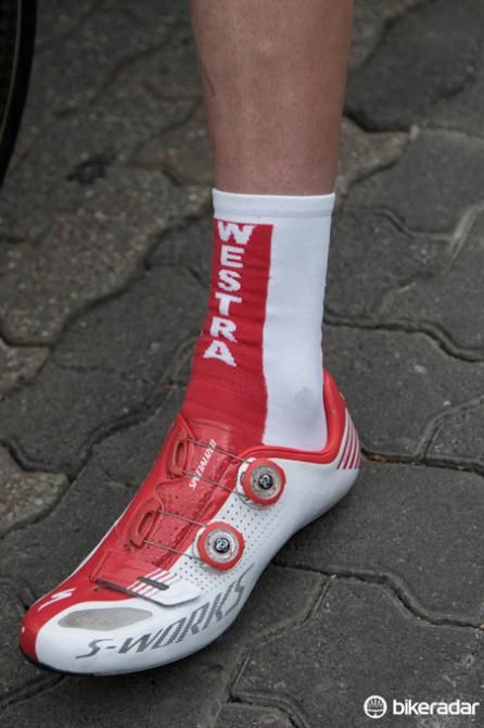 Astana riders get their own socks as modelled by Lieuwe Westra