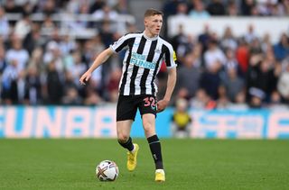 Newcastle player Elliot Anderson in action during the Premier League match between Newcastle United and Brentford FC at St. James Park on October 08, 2022 in Newcastle upon Tyne, England.