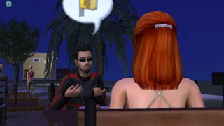 The Sims 2 - a sim on a date with another sitting at an outdoor picnic table