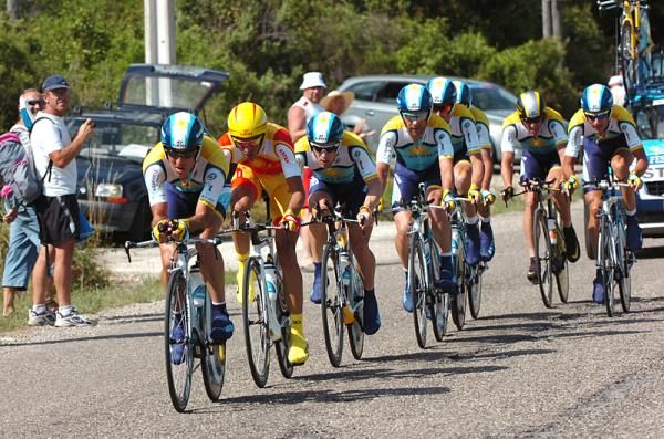 Team Astana on the way to the win in the TTT