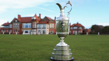 The Claret Jug in front of the clubhouse at Royal Liverpool