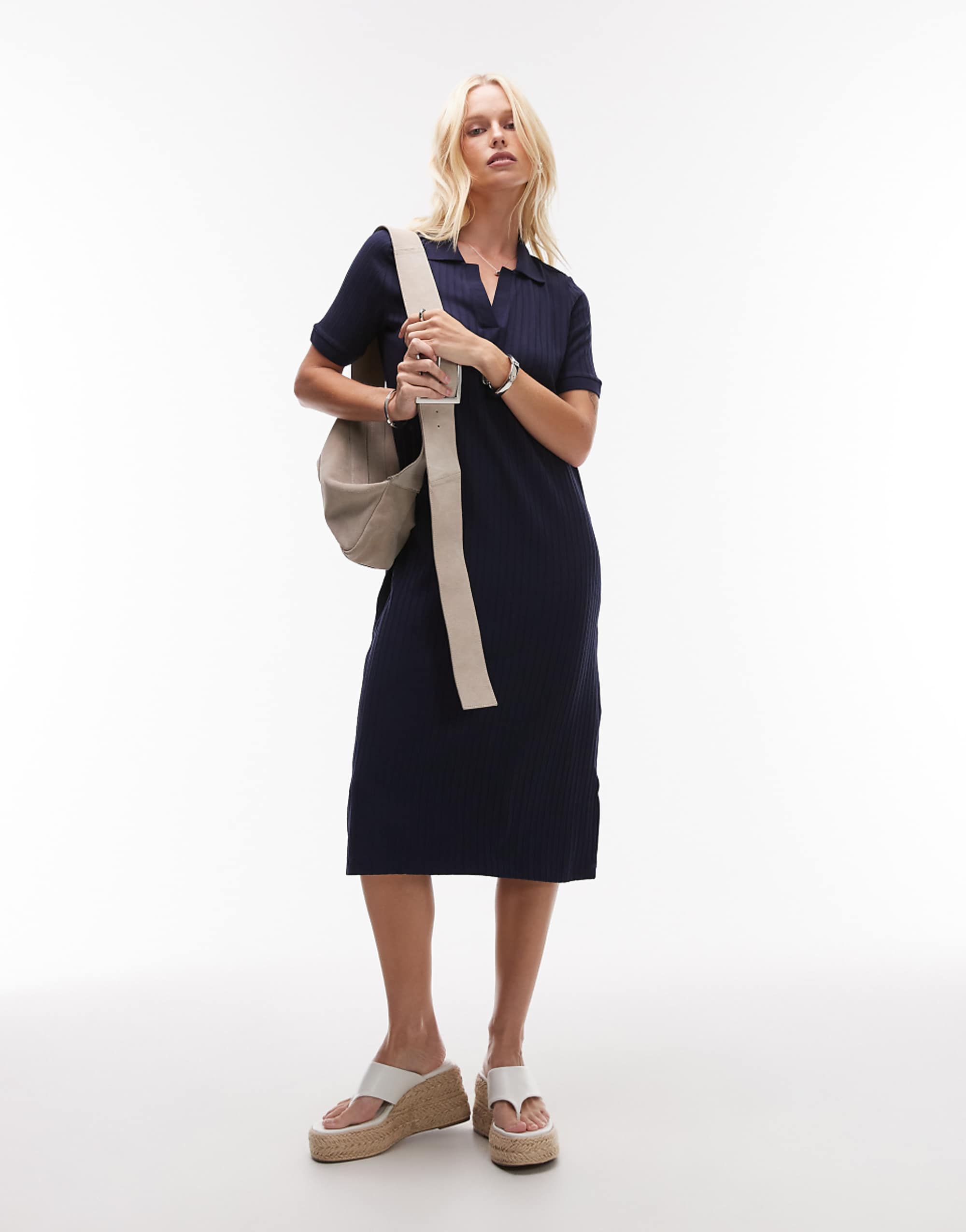 Arket Jersey Rib Midi Polo Dress in Navy