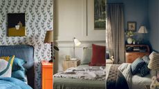 three bedrooms with fall-inspired color schemes, cozy decor and fabrics 