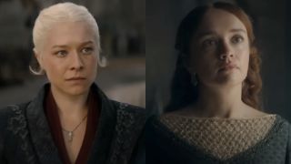 From left to right: Emma D'arcy as Rhaenyra looking stoic and Olivia Cooke as Alicent looking concerned in Season 2 of House of the Dragon.