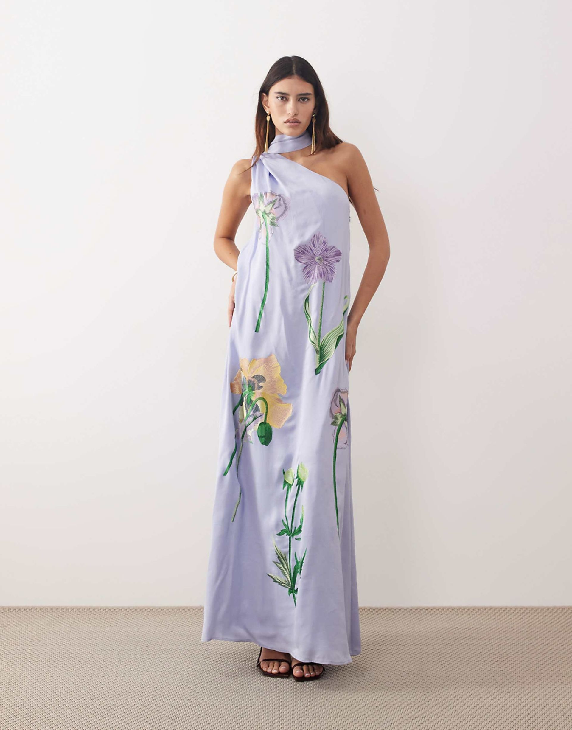Arrange Botanical Floral Embroidered One Shoulder Maxi Dress in Dusky Blue