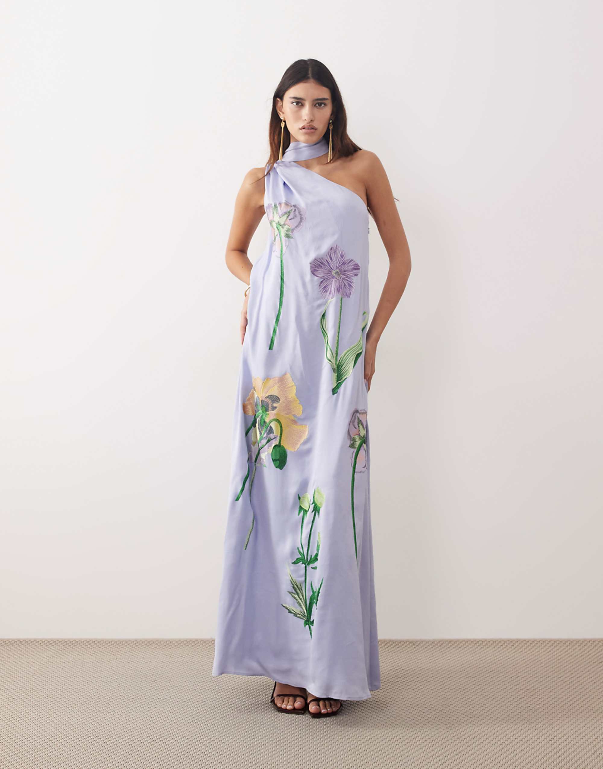 Arrange Botanical Floral Embroidered One Shoulder Maxi Dress in Dusky Blue