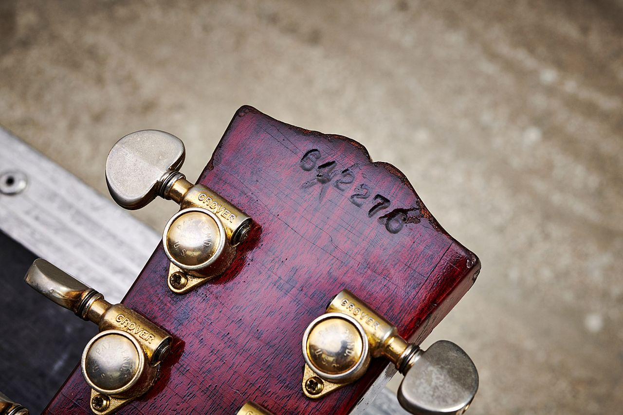 The serial number of Big Red&rsquo;s replacement neck confirms it as being made between 1970 and &rsquo;72. The original serial number inside the f-hole is obscured with black paint.