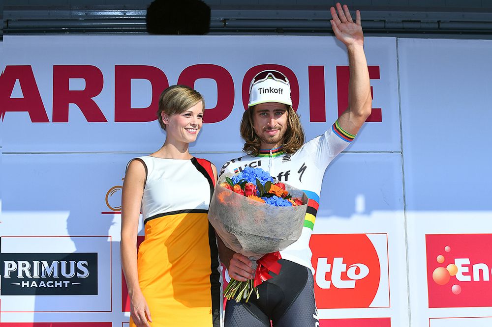 Peter sagan on the podium after winning stage 3 at the Eneco Tour