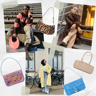 The best staud bags are shown in a collage of fashion editors wearing the most popular staud bags that have high reviews 