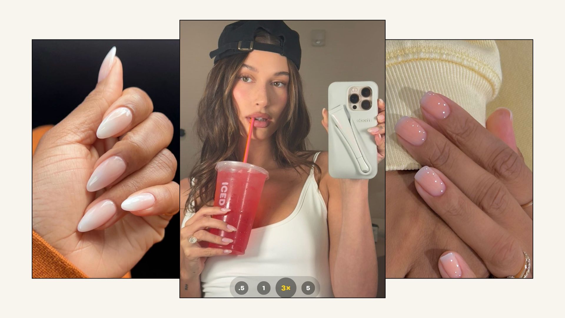 Collage of soft serve nails, including a selfie of Hailey Bieber