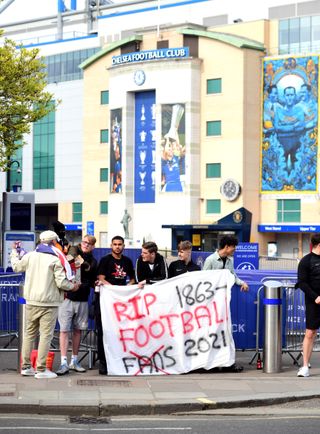 Fans protest outside Stamford Bridge ahead of Chelsea's game with Brighton