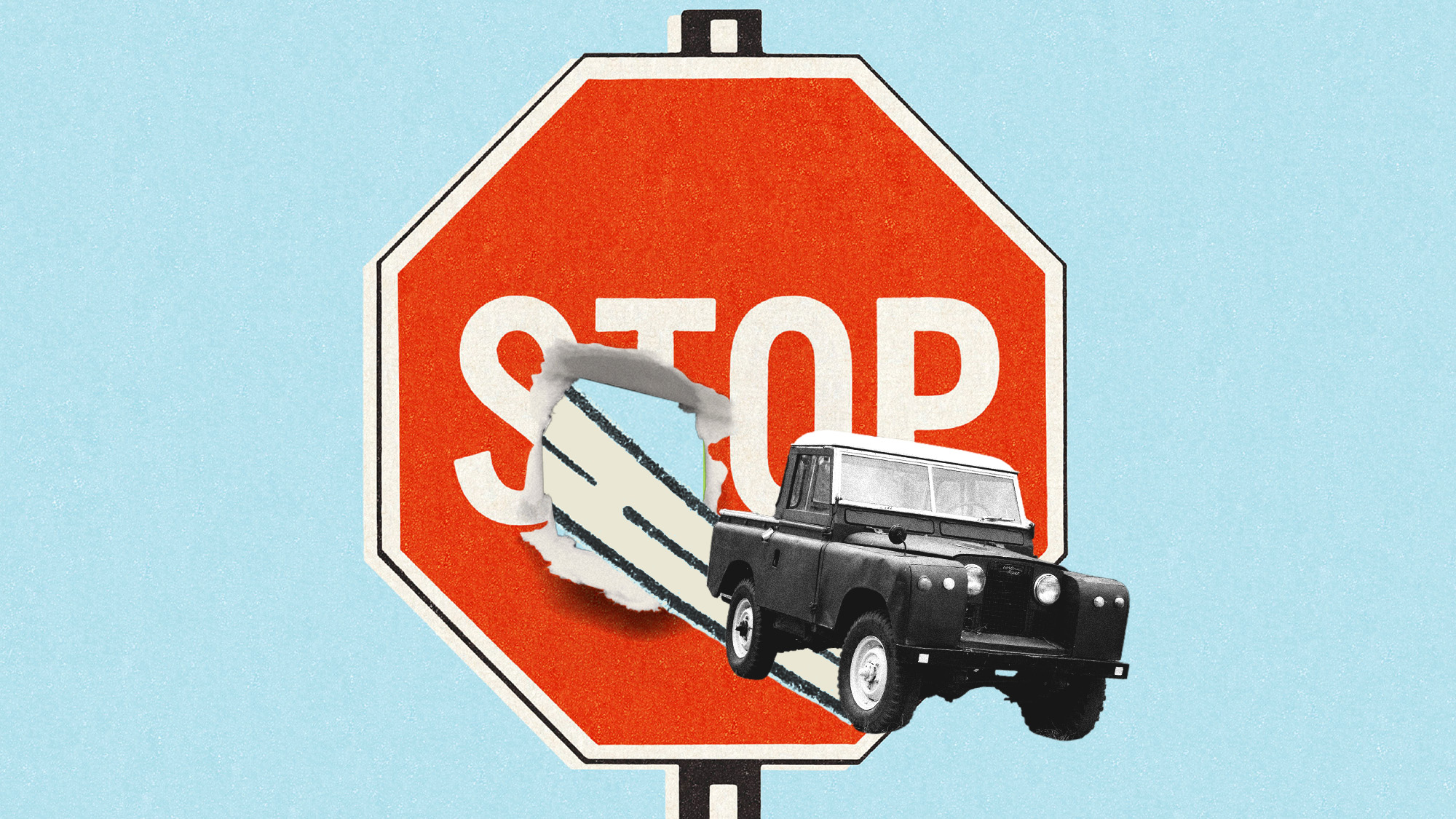 Illustrative and photo collage of a vintage Land Rover driving through a hole in a massive stop sign
