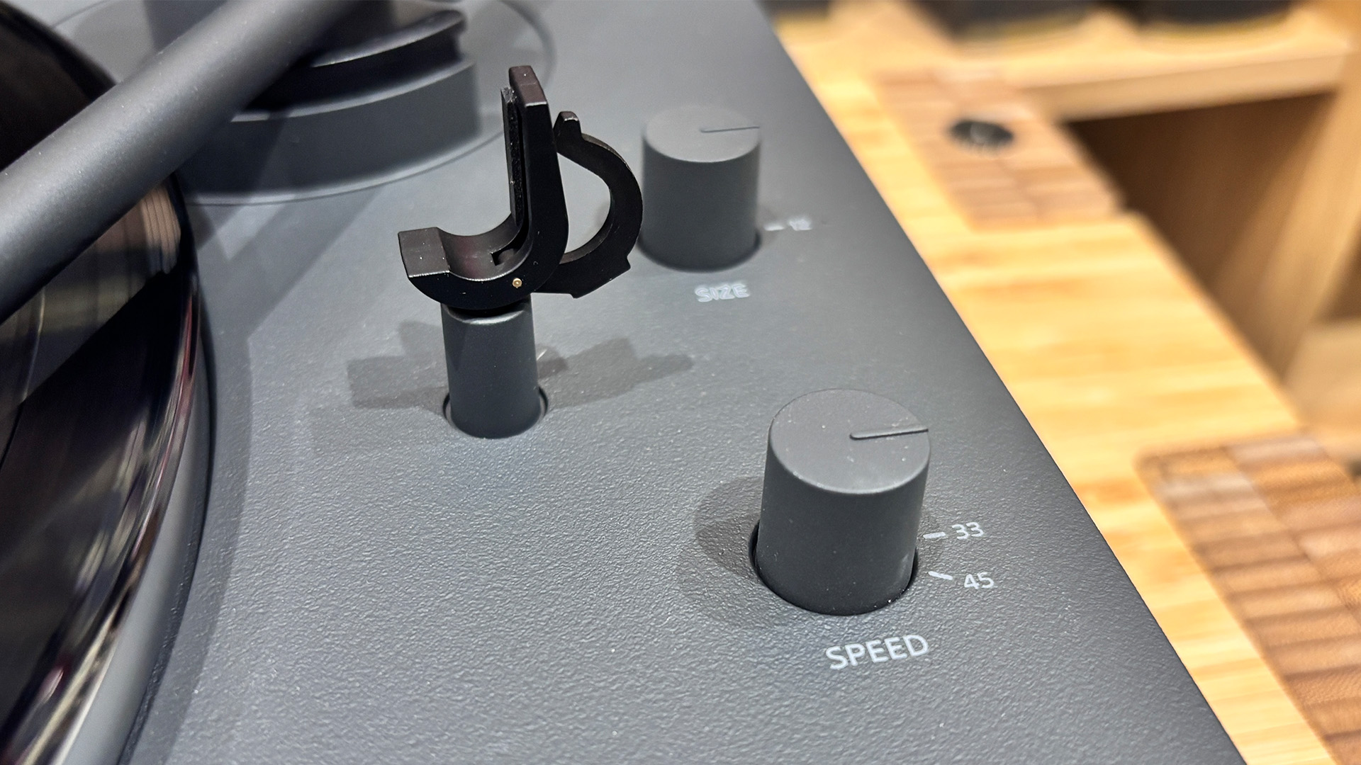 Sony PS-LX3BT Bluetooth turntable, close up on speed control knob on plinth