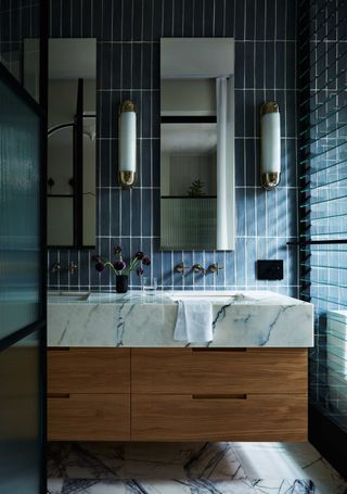 A bathroom with floating vanity