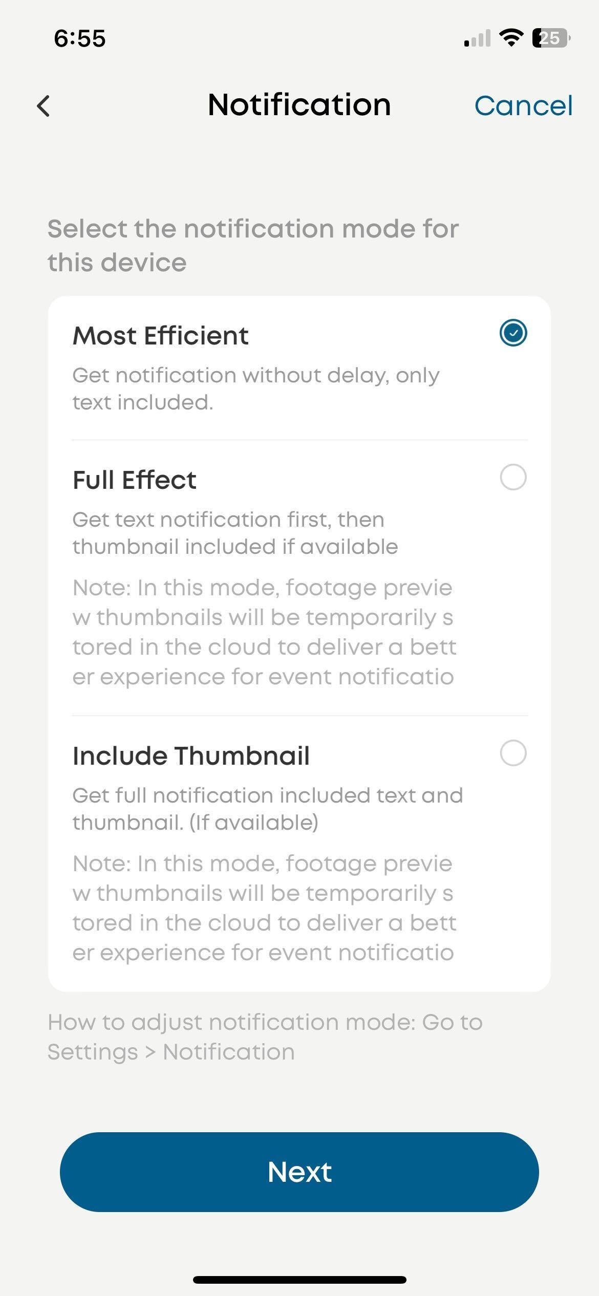 The settings on a home security app