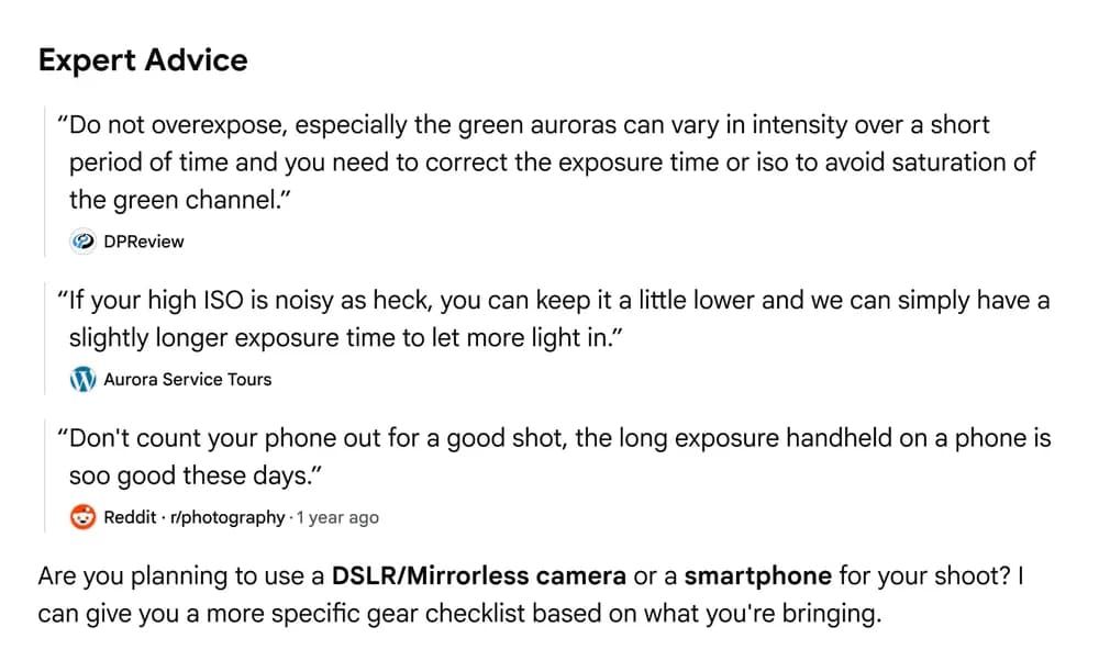 Examples of Google's 'Expert Advice' element in its artificial intelligence (AI) search results.
