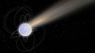 A light purple sphere surrounded by white loops terminating at its poles. A yellow beam of light is extending from its tilted north pole