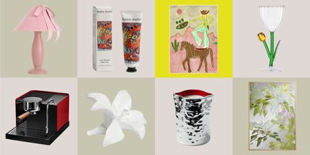 pink lamp, hand cream, artwork, flower-shaped glass, coffee machine, flower ornament, silver candle, and mirror with painting