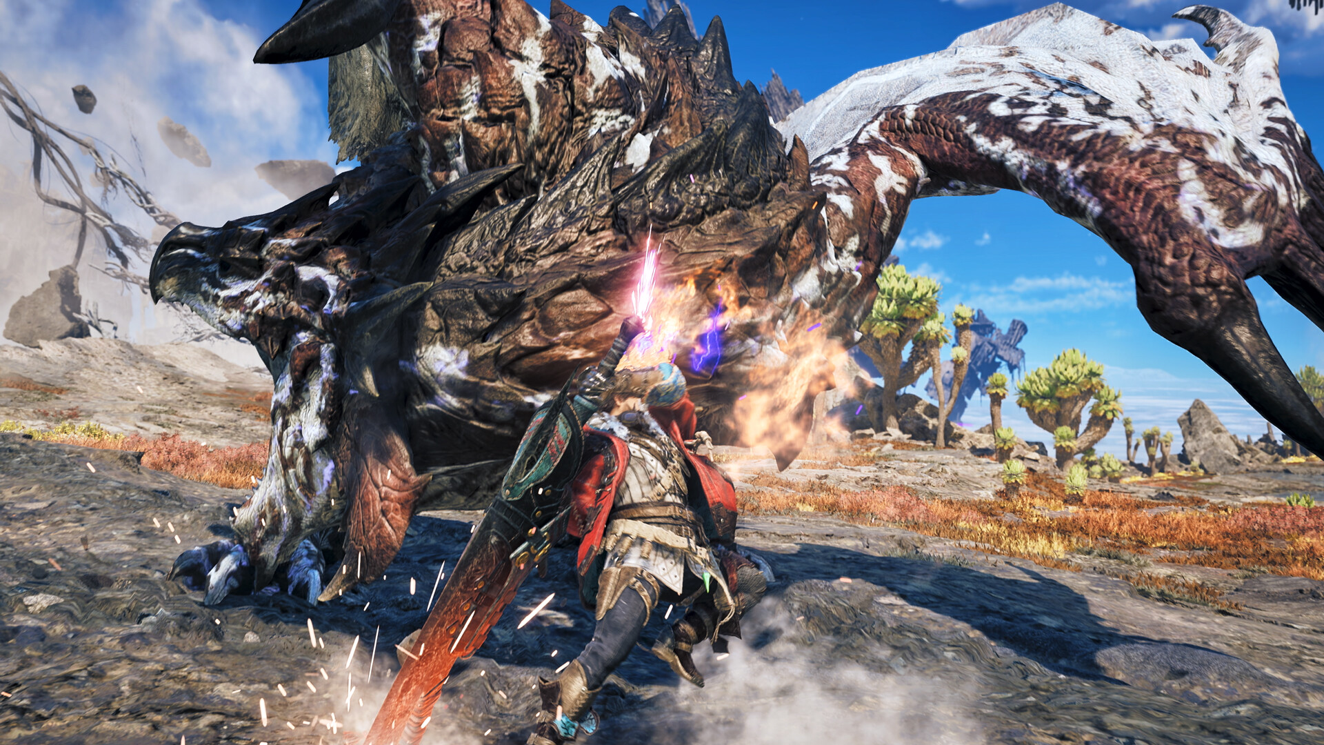 A hunter lunges at a Guardian Rathalos with a charged great sword attack in Monster Hunter Wilds: Ascendance.