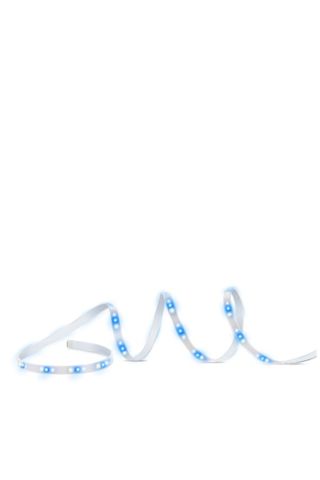 Eve Light Strip illuminated with blue lights on a white background.