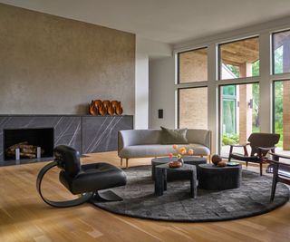 living room with round rug contemporary fireplace and furniture