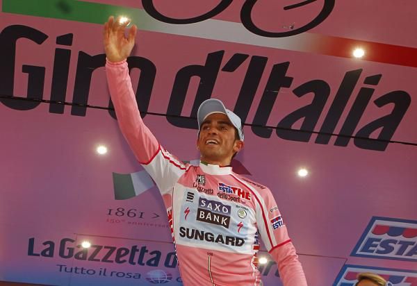 Alberto Contador celebrates another day in pink.