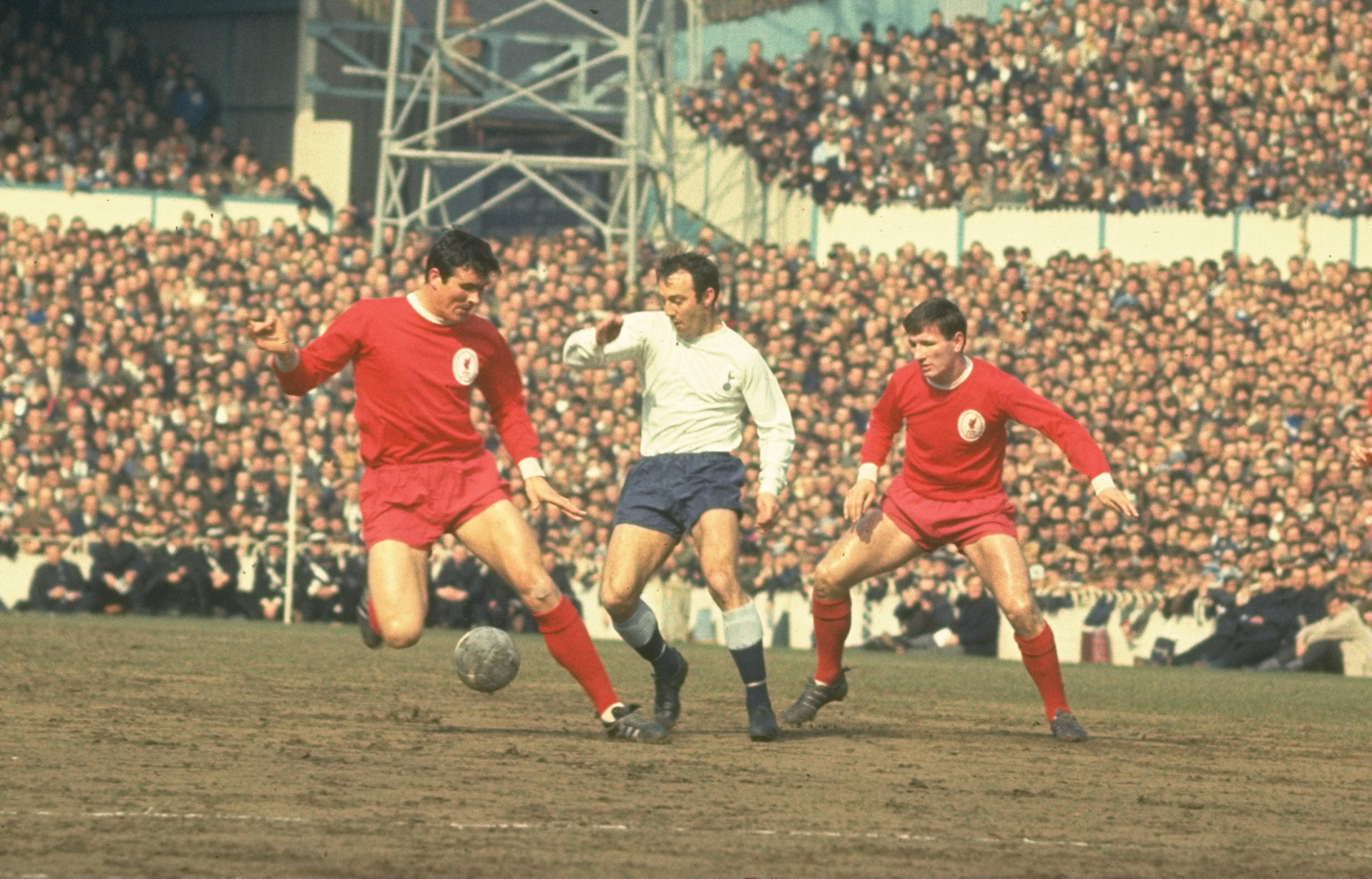 Jimmy Greaves (centre) in action for Tottenham against Liverpool in 1965.