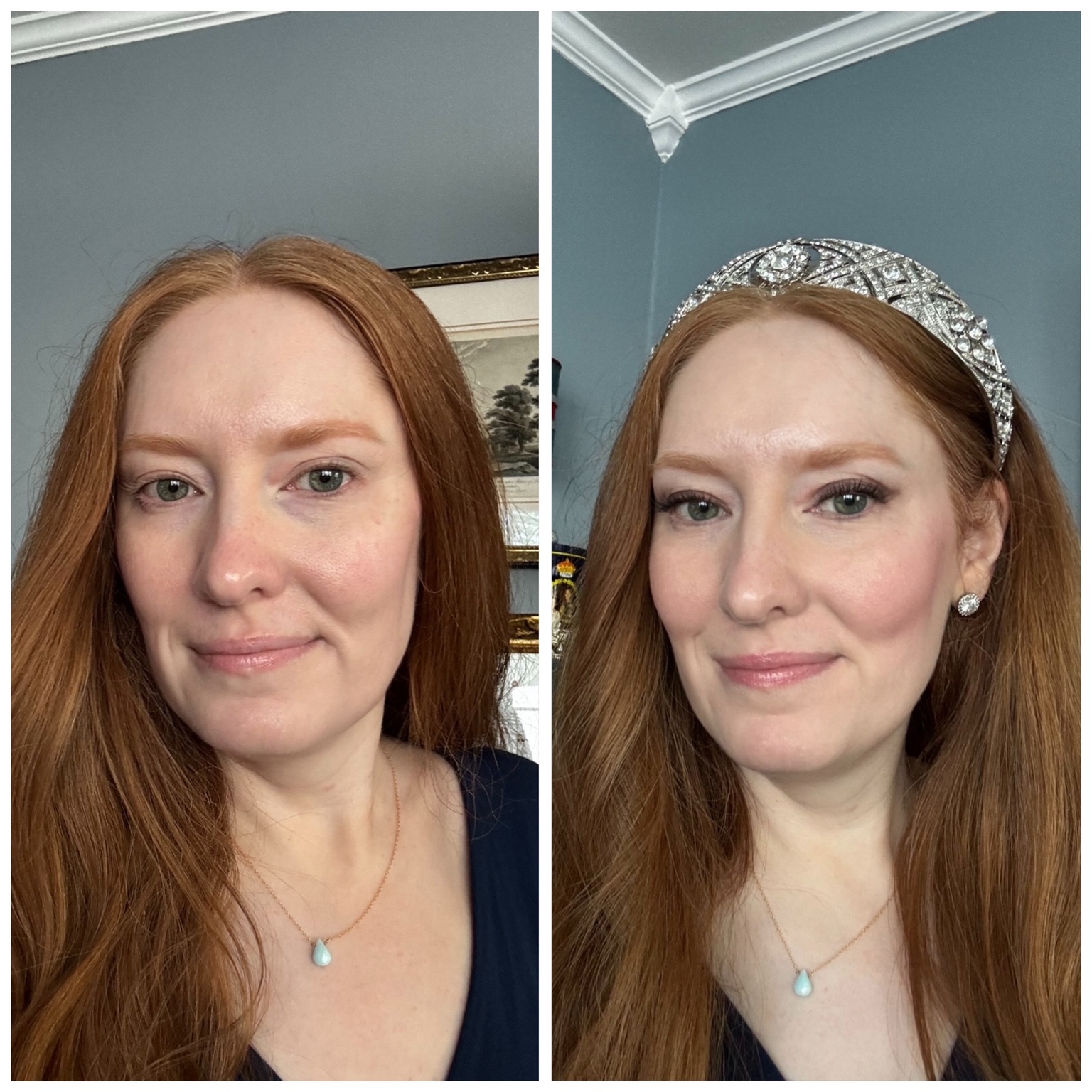 Kristin Contino wearing no makeup on one photo and a tiara and Meghan Markle's wedding makeup in another photo