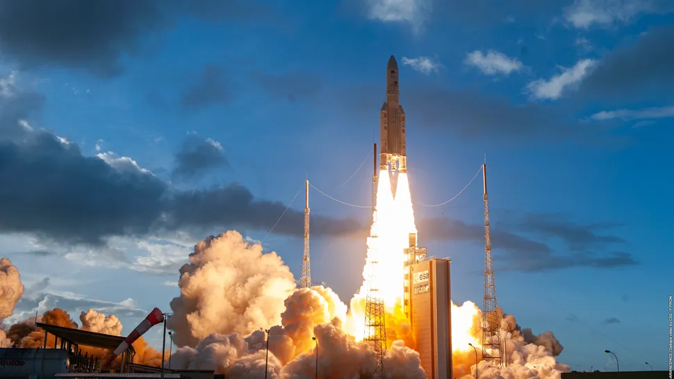 An Ariane 5 rocket launches the telecom satellites Star One D2 and Eutelsat Quantum from Europe’s Spaceport in French Guiana on July 30, 2021. (Image credit: ESA/CNES/Arianespace)