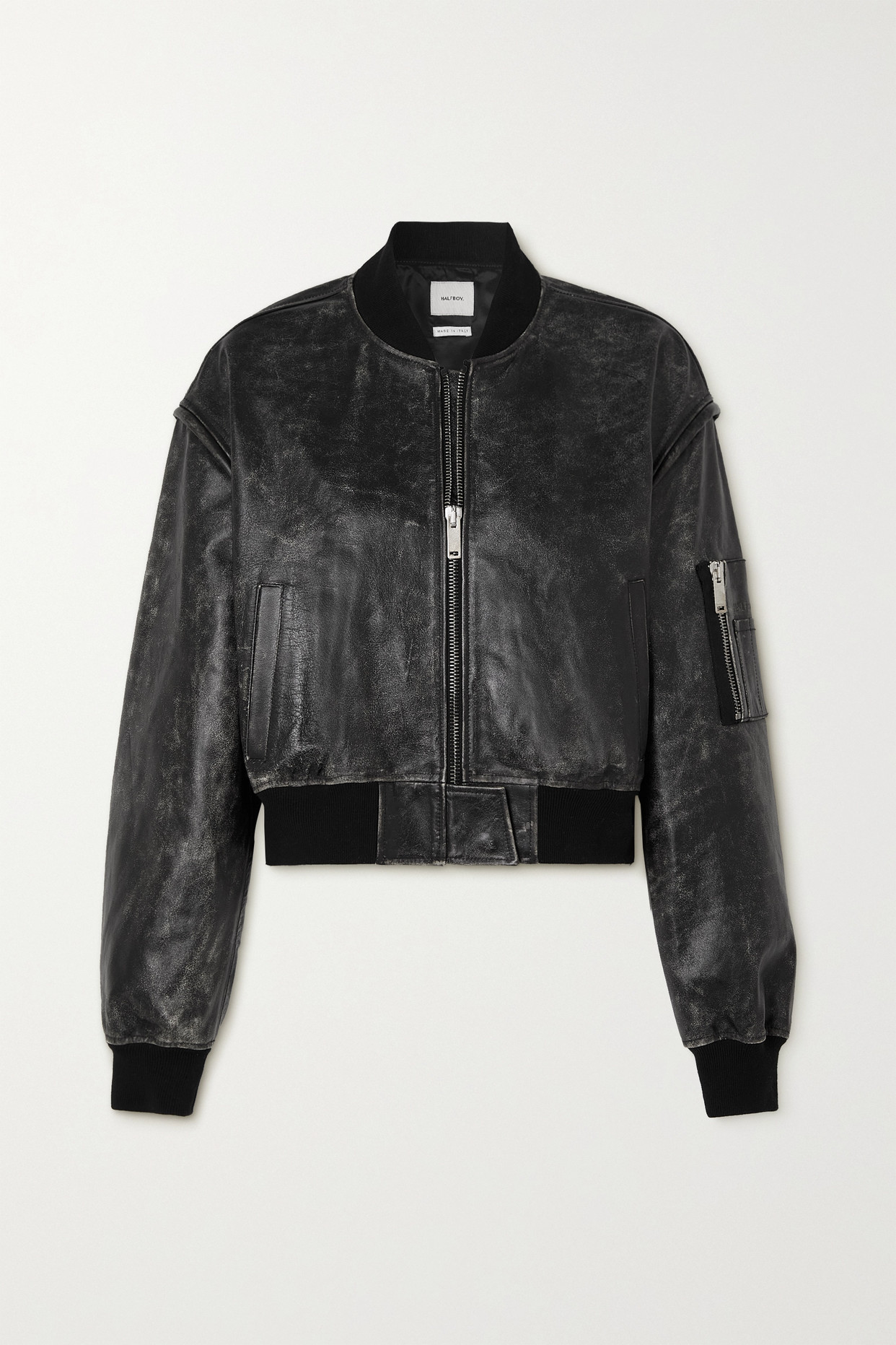 Cropped Distressed Leather Bomber Jacket