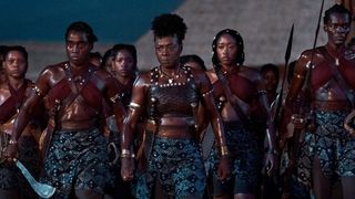 Viola Davis as General Nanisca leading the Agojie in The Woman King