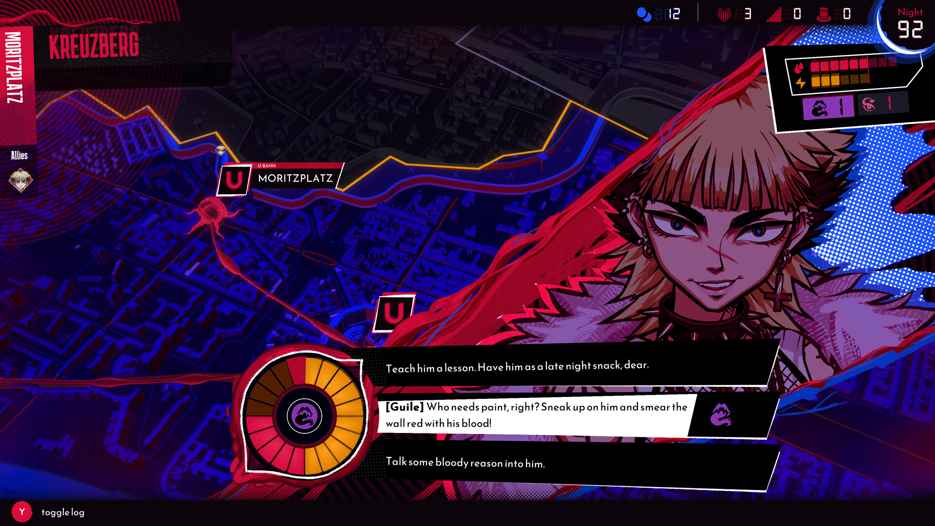 In vampire RPG, Red Kiss, you dispatch a vampire to perform a task with different instructions to choose from, such as "Teach him a lesson. Have him as a snack, dear", or using their guile to sneak
